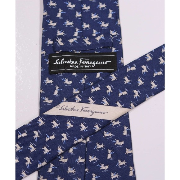 Salvatore Ferragamo Navy Blue Puppy Print Dog Silk Necktie Tie - Picture 5 of 8